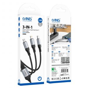 ANG CB06 3 in 1 USB A To Micro/ Type C/ Lightning Charging Data Cable – Black